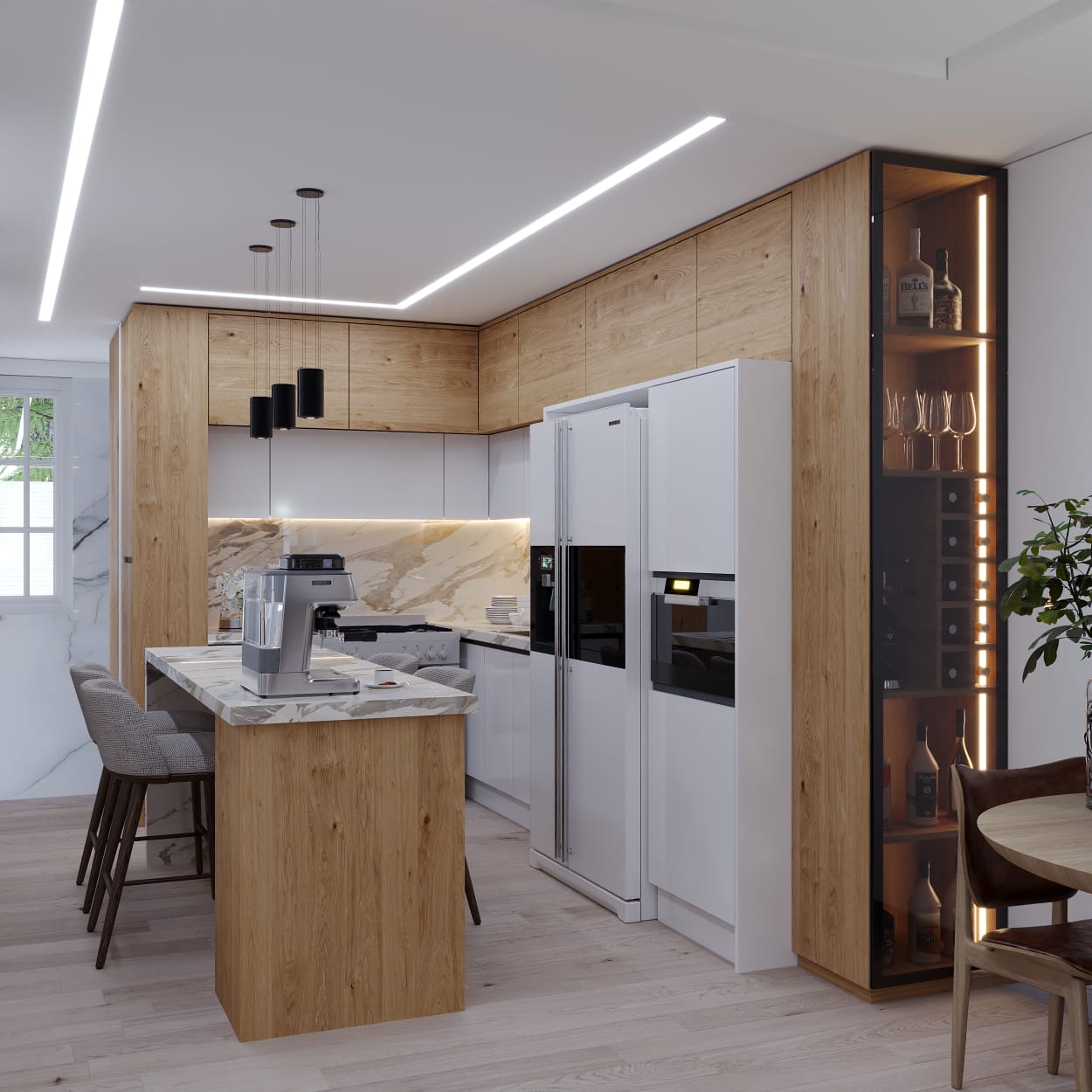 Modern kitchen with wood accents.