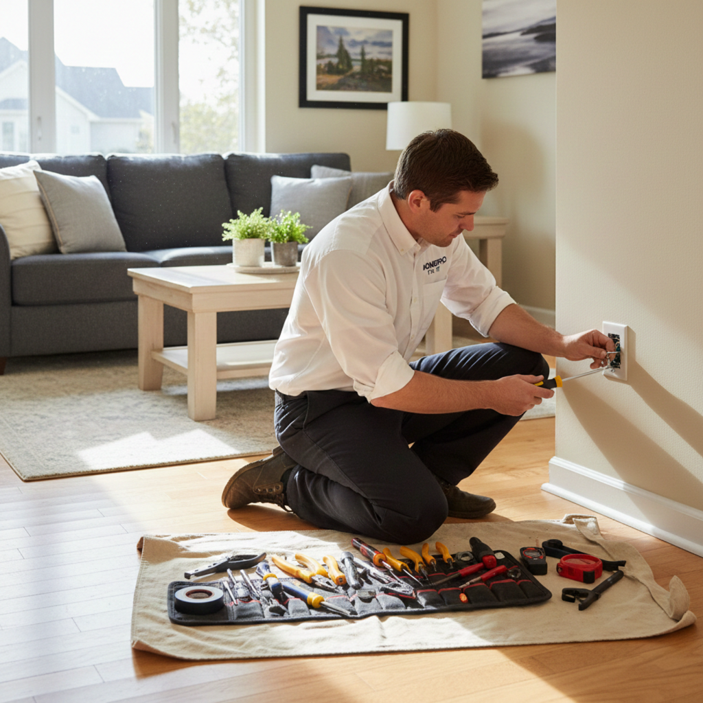 Smart Tri-State maintenance technician performing electrical outlet repairs and routine home service checks