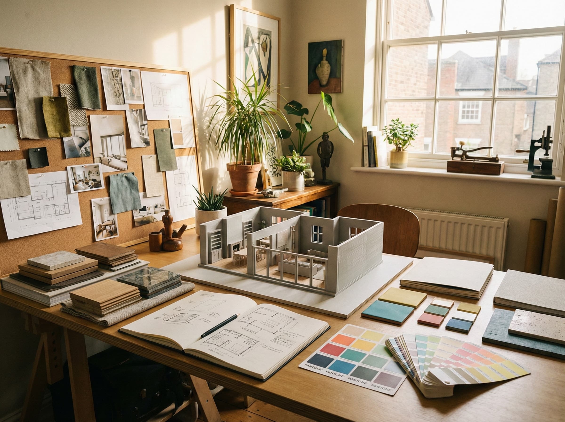 Architectural 3D model, floor plan blueprints, and material samples on a drafting table, representing the custom design planning phase at Smart Tri-State.