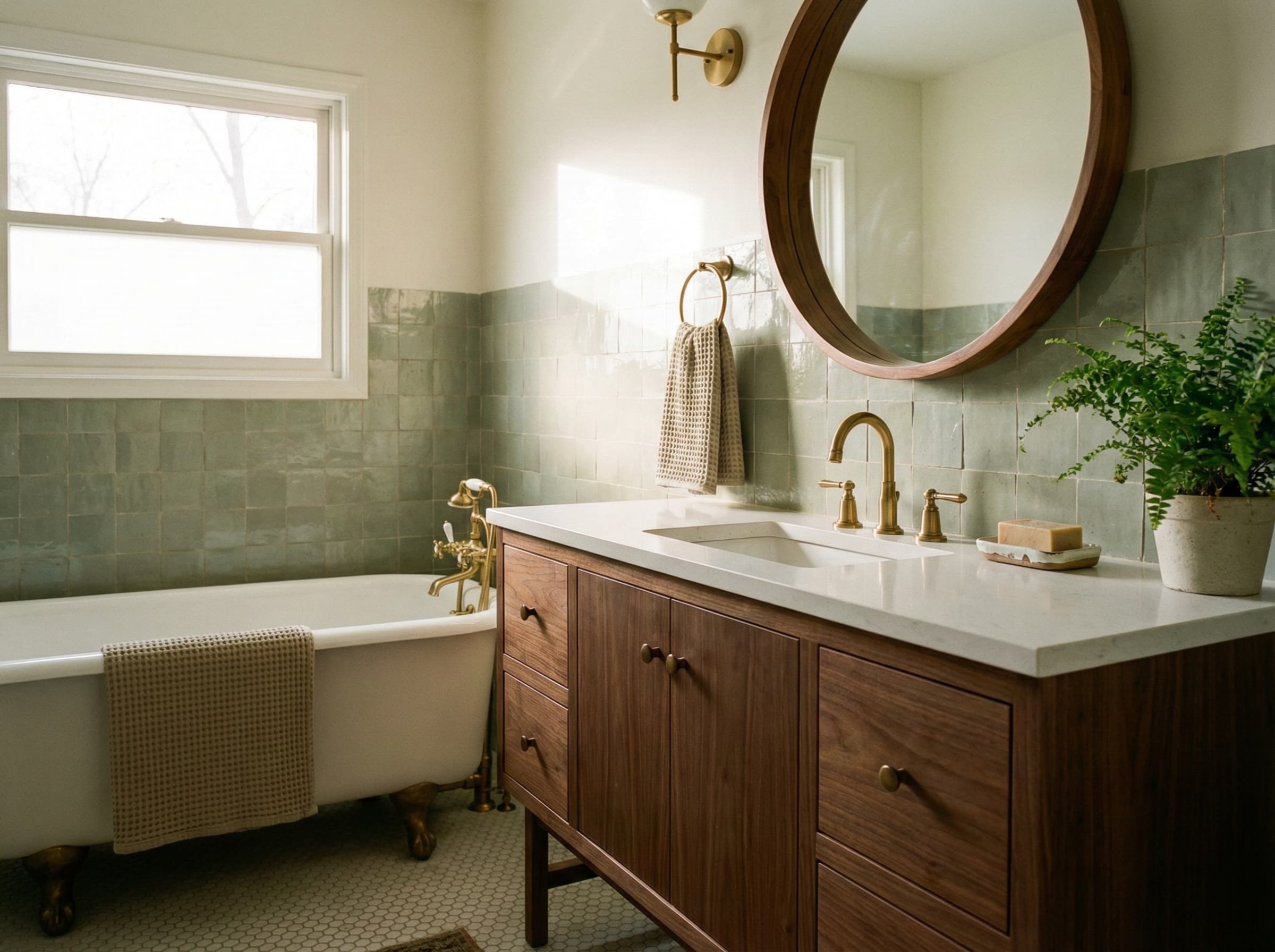 Elegant bathroom remodeling project by Smart Tri-State, showcasing sage green wall tiles, a vintage-style clawfoot tub, and a modern wood vanity.
