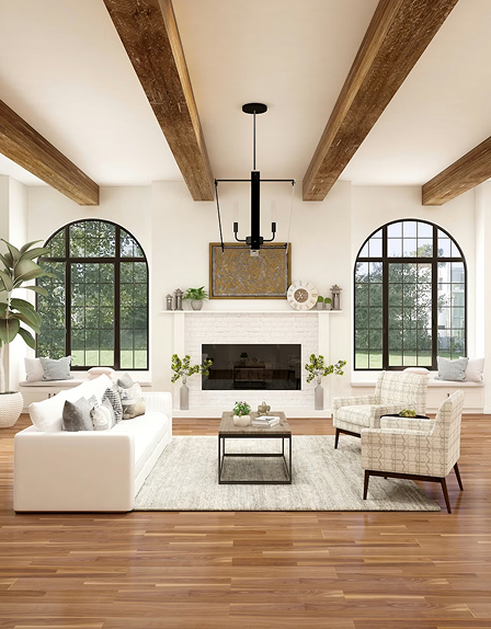 Custom interior design craftsmanship by Smart Tri-State, featuring a luxury living room with high ceilings, exposed beams, and architectural arched windows.