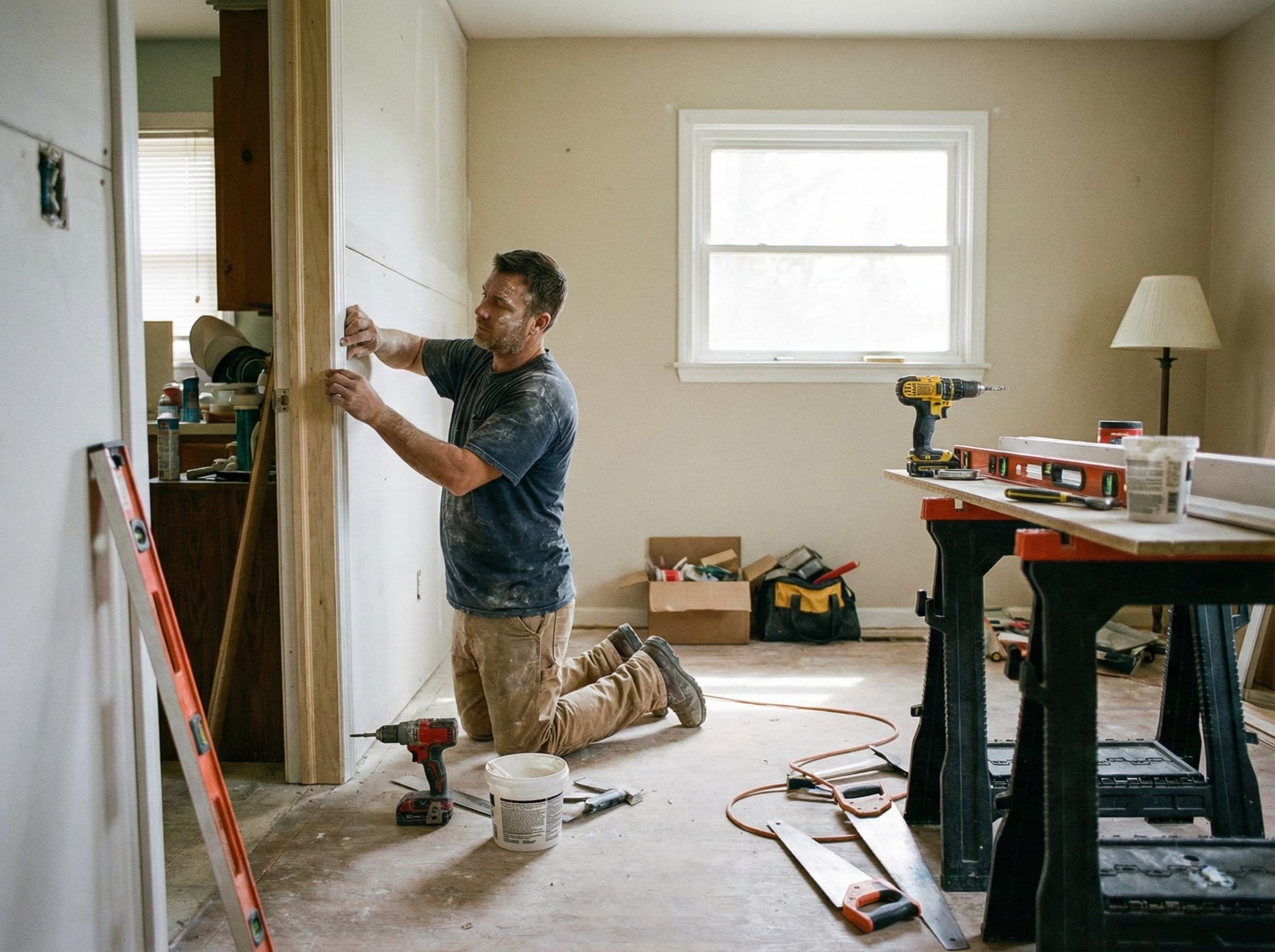 Skilled carpenter performing finish work and trim installation during a residential general construction project by Smart Tri-State.
