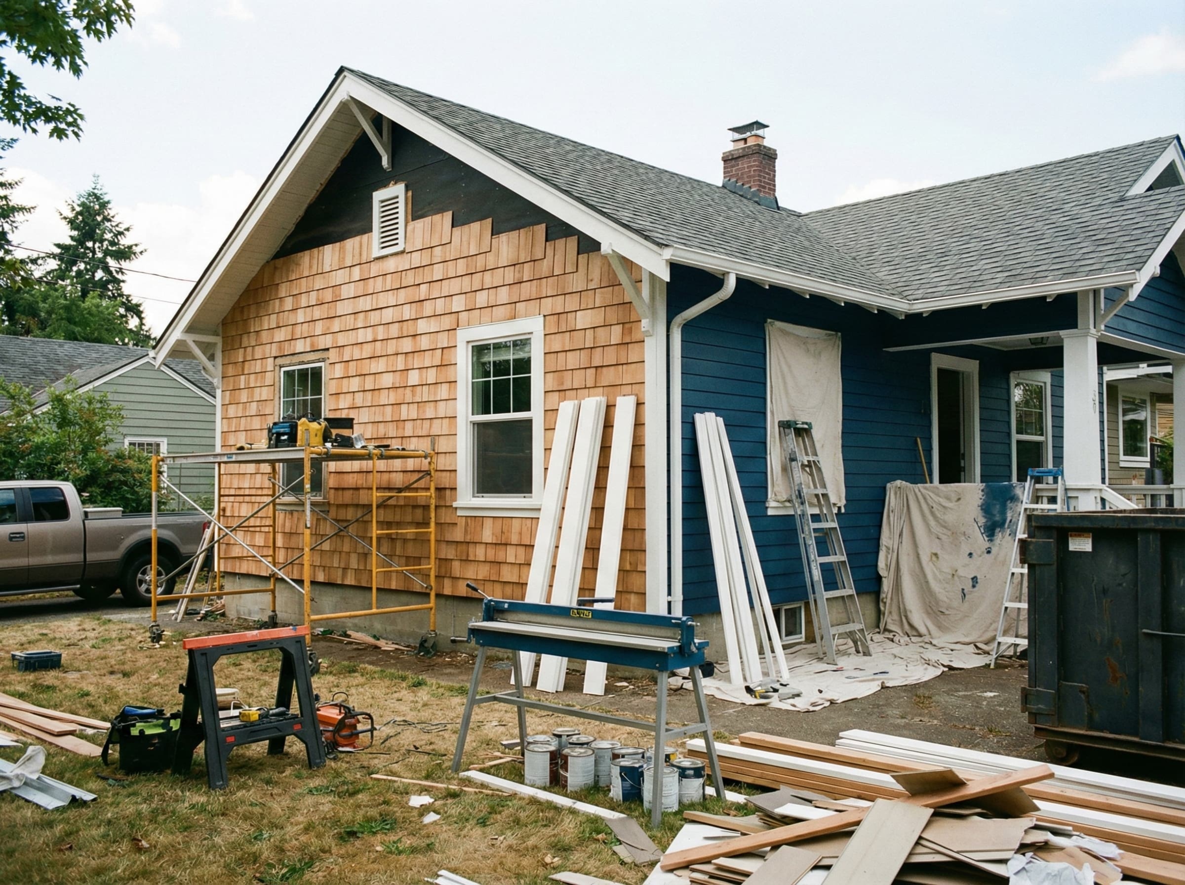Exterior view of a large home addition and siding renovation in progress, managed by the Smart Tri-State construction team.