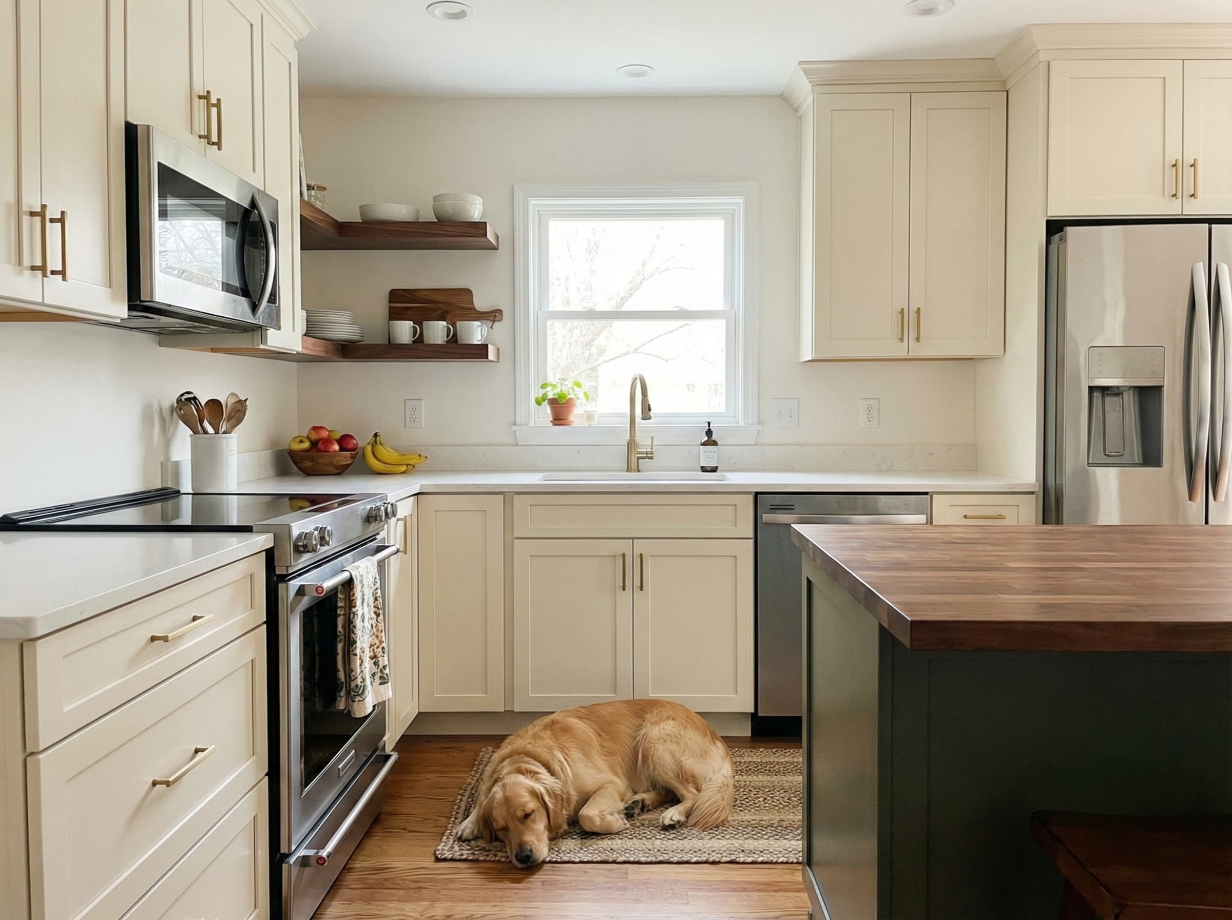 Custom kitchen remodeling by Smart Tri-State featuring white shaker cabinets, floating natural wood shelves, and a large butcher block island.