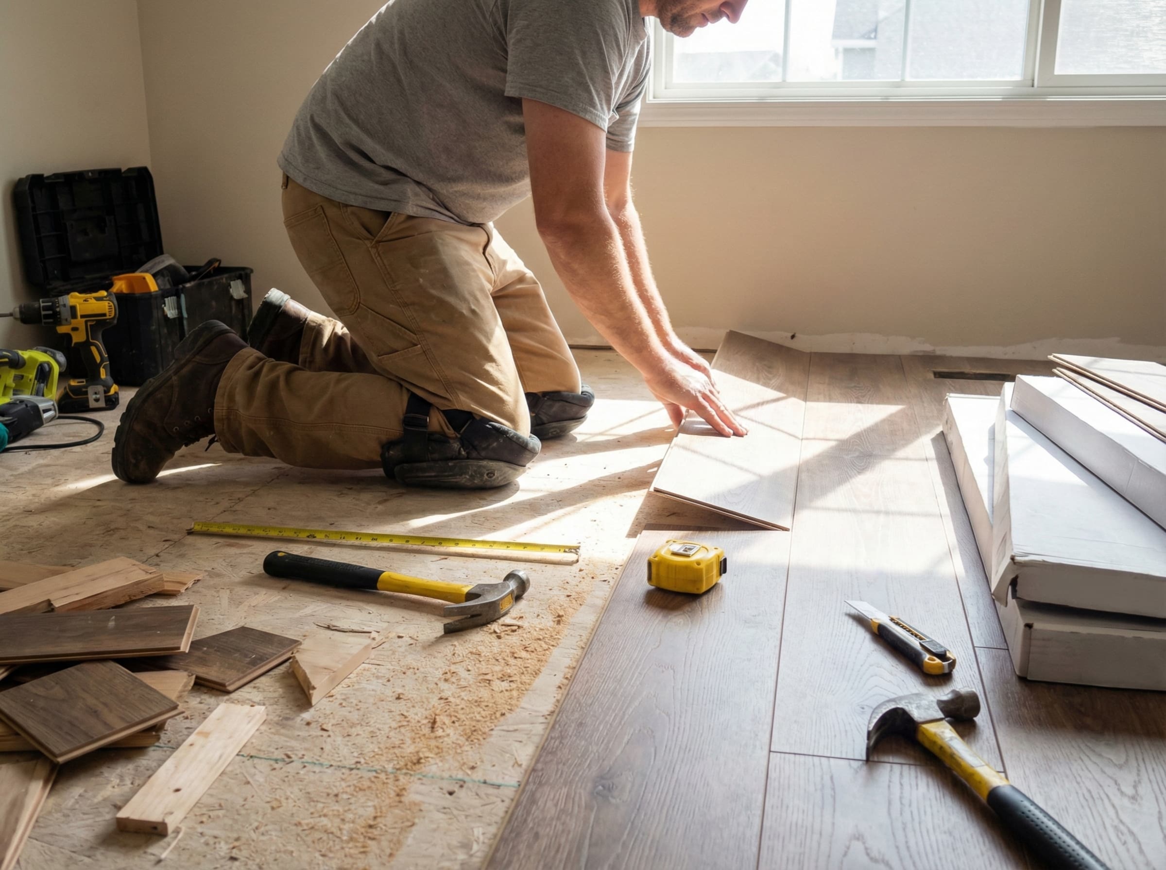 Professional flooring installer laying down new laminate hardwood planks during a home renovation project by Smart Tri-State.