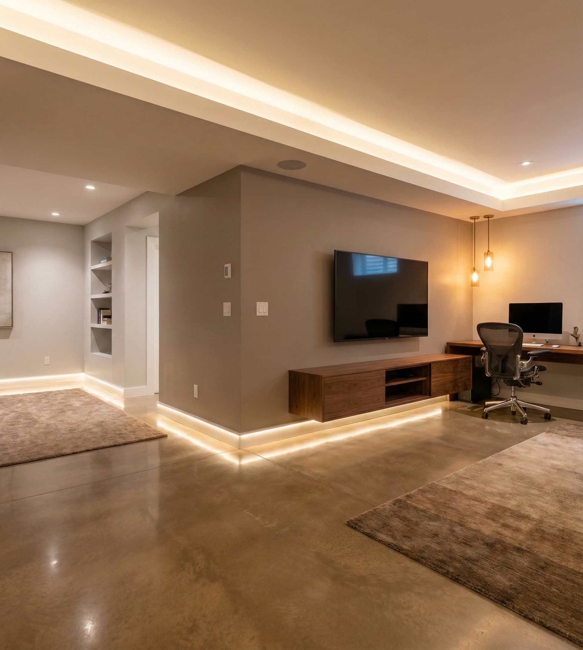 Modern home office featuring custom LED cove lighting and electrical upgrades installed by Smart Tri-State electricians.